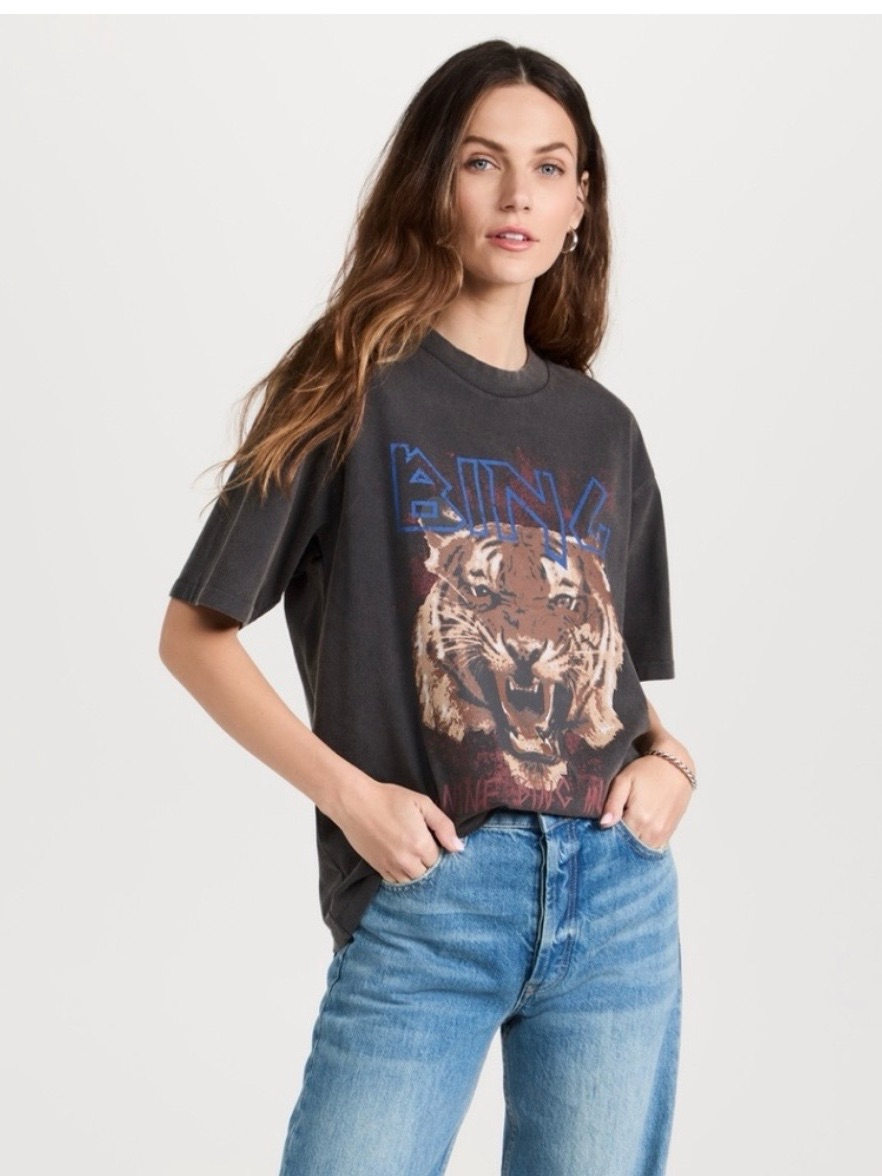 Anine Bing Black Gray Graphic Tiger Tee With Blue Accent